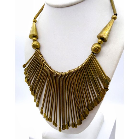 Vintage Dramatic Statement Necklace, Tribal Brass Paddle Fringe Bib with Hook - Picture 3 of 4